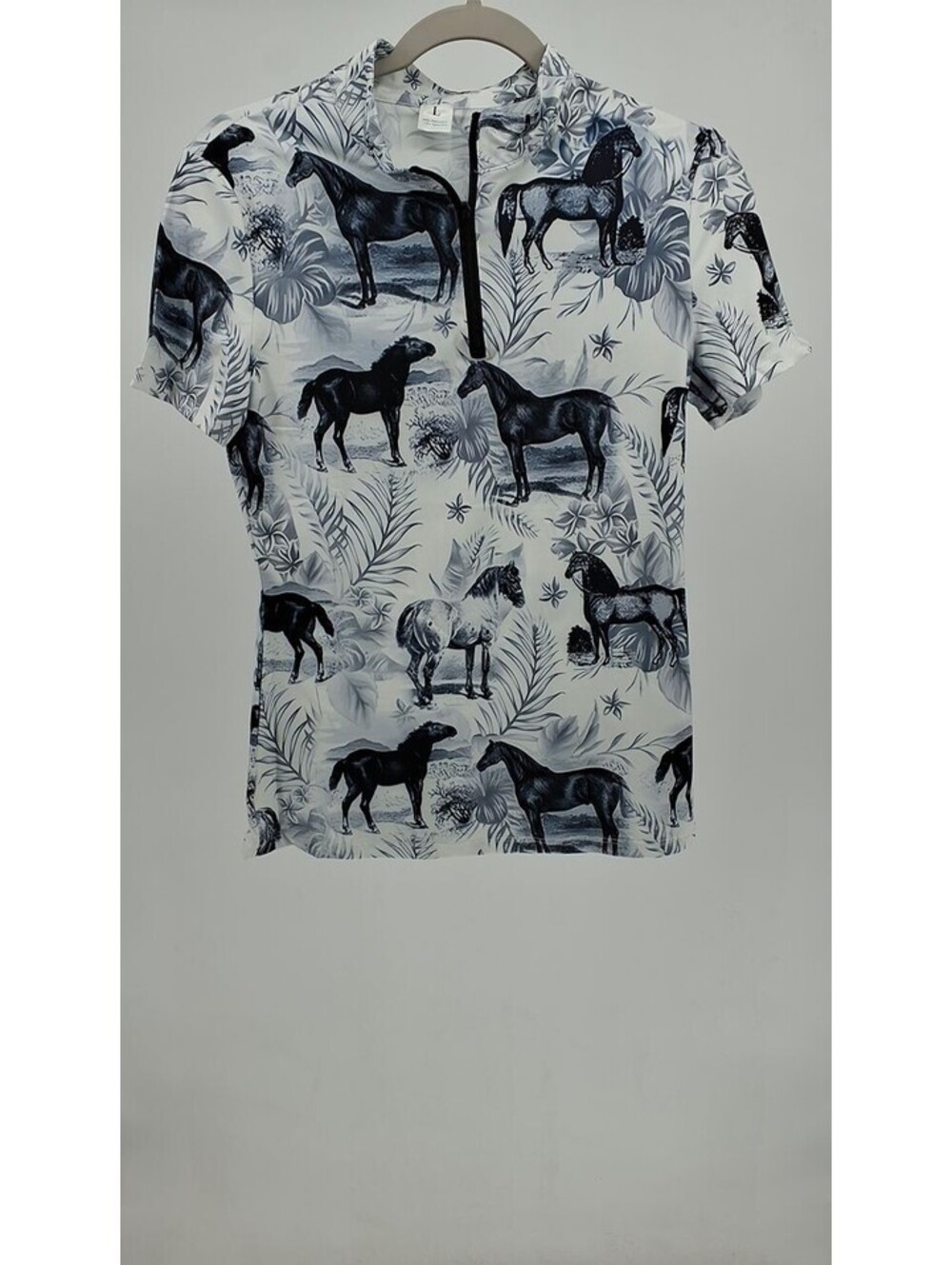 Women's White Quarter-Zip Riding Top w/ Tropical Horse Print, Size L